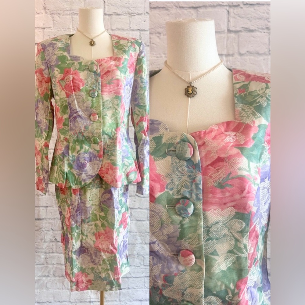 Leslie Fay Vintage 1980s 90s Skirt Set 2 Piece Deadstock Pastel Floral Suit